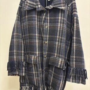 H&M Navy Plaid Fringe Cape
